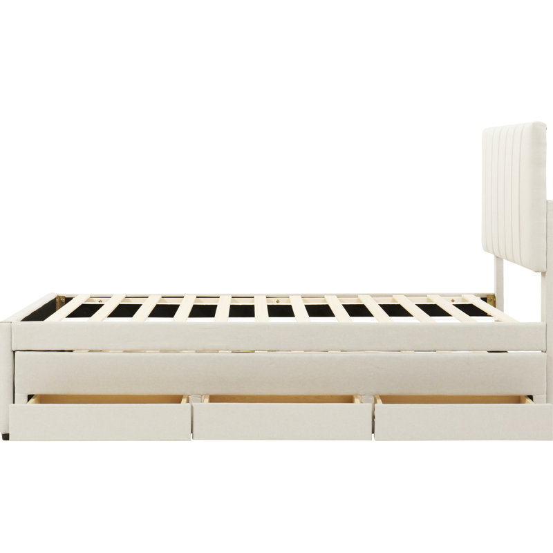 Twin Upholstered Platform Bed With 3 Drawers And Trundle, Beige Linen Look Stripe Headboard