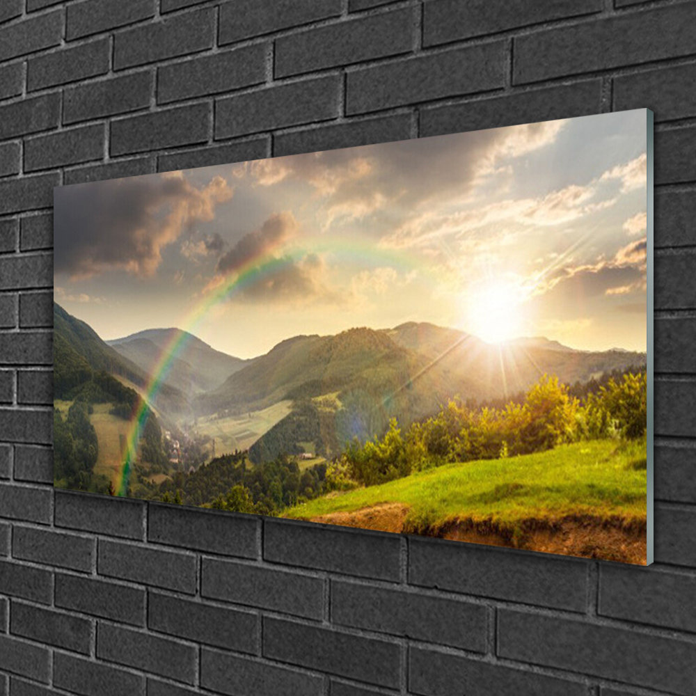 Glasbild Landschaft Sonne Regenbogen Berge