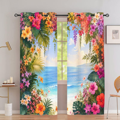 2PCS Grommet Top Blackout Window Curtains, Tropical Beach Ocean View Floral Printed Polyester Drapes, Thermal Insulated, Noise Reducing, Privacy Protection, Room Darkening Window Treatments for Bedroom Living Indoor Home Decor