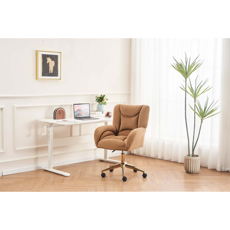 Chaise de bureau pivotante 360 avec base en métal doré et roues universelles, Velours café