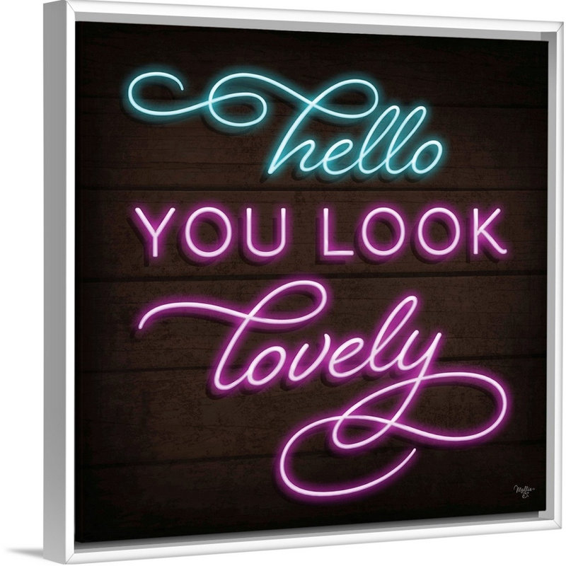 «Neon Hello Mollie B.», reproduction d'art sur toile tendue, H 26 po x l 26 po x P 1,75 po, Cadre blanc