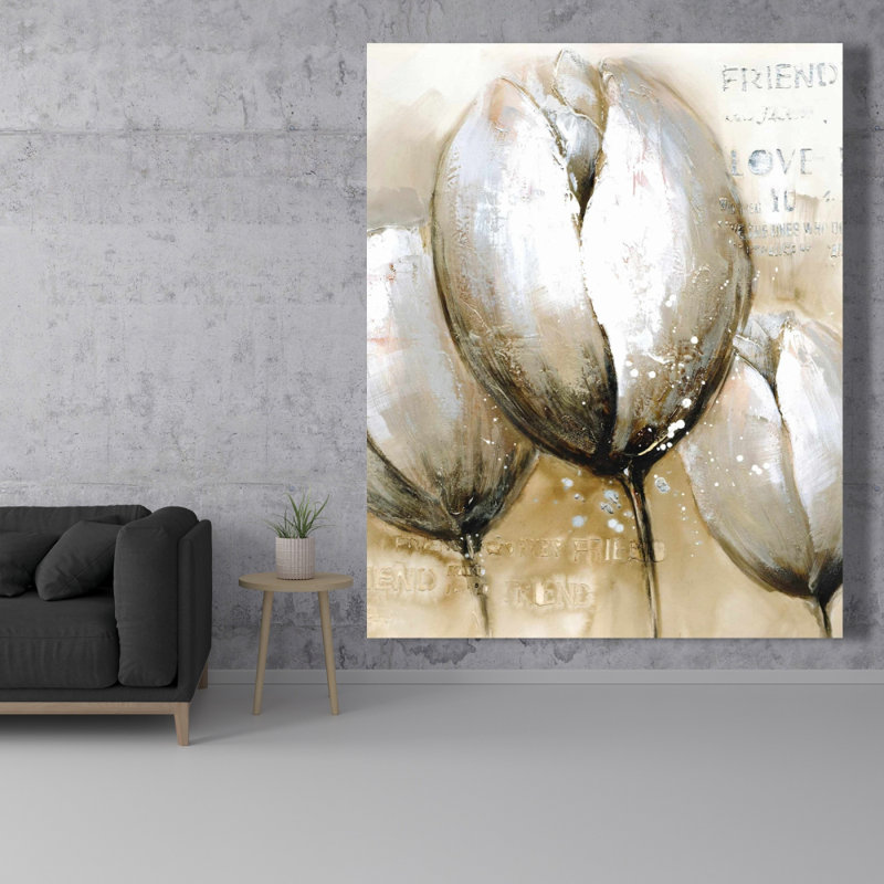 Trois tulipes avec typographie - art floral contemporain sur toile