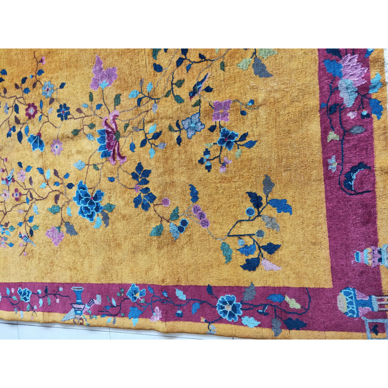 Hand Knotted Pile Floral 1920s Rectangle Wool Yellow / Gold Orange Antique Rug