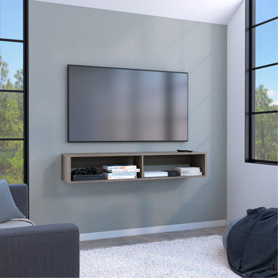 Warrior 59" Floating Tv Stand With Two Open Shelves, Media Compartments And Cable Management Light Gray