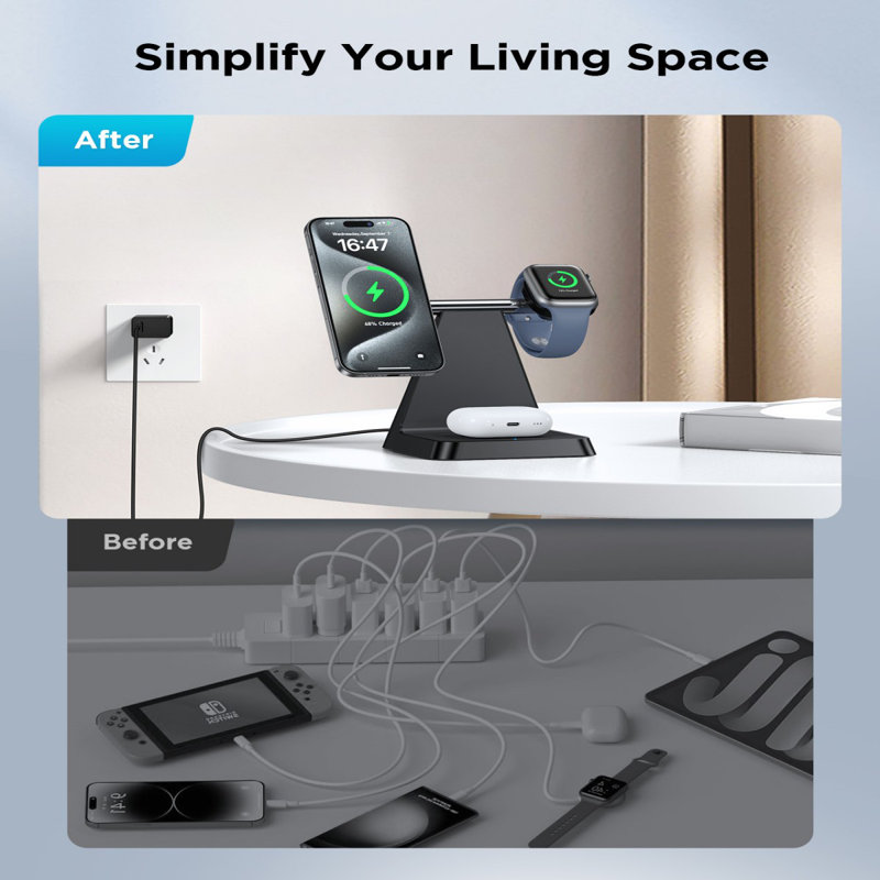3 In 1 Magnetic Wireless Charger Stand For Mag Safe Iphone, Black