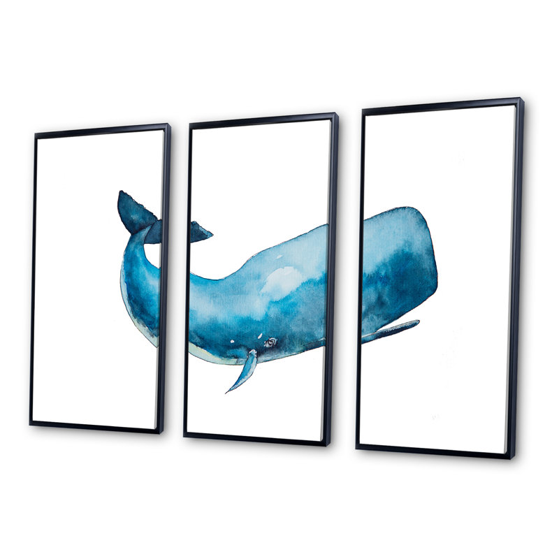 «Blue Sperm Whale on White I», reproduction de cadre photo sur toile 3 pièces, H 28 po x l 36 po x P 1 po, Cadre noir