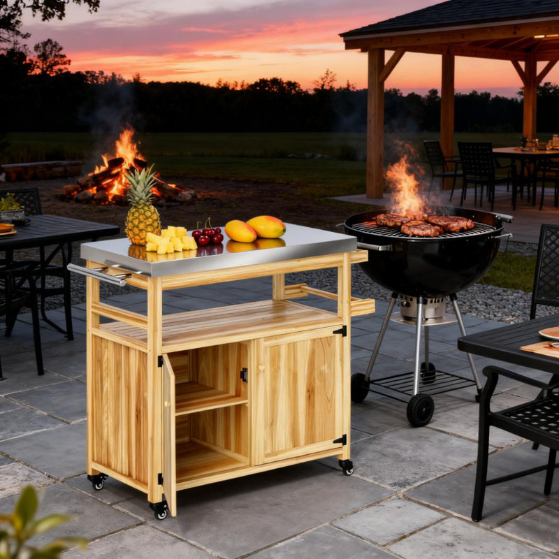 Chariot de barbecue extérieur en bois massif avec plateau en acier inoxydable, roues verrouillables, armoires de rangement multiples et support à épices, îlot de cuisine mobile pour four à pizza