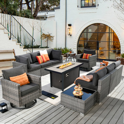 8 - Person Mostly No Assembly Required Patio Furniture Set With Swivel Rocker, Outdoor Wicker Rattan Sectional Seating Group With Cushions, All Weather Sofa Conversation Set With Fire Pit Table For Garden Backyard