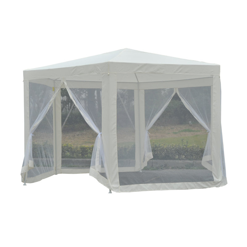 13 Ft Hexagon White Steel Frame Patio Gazebo with Mesh Walls