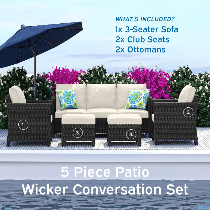 Premium All-Weather Wicker 5 - Person Patio Conversation Set with Cushions, Black Frame/Beige Cushion