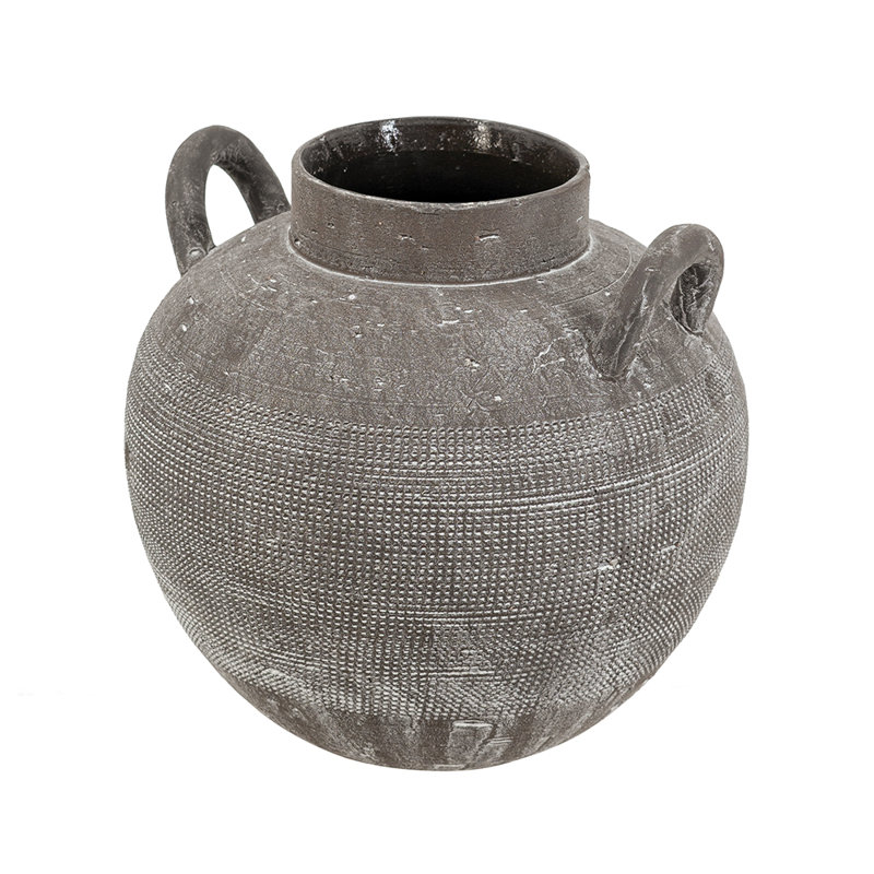 Vase en céramique noire 9,5 po x 9,5 po x 9,5 po avec texture striée et petites poignées