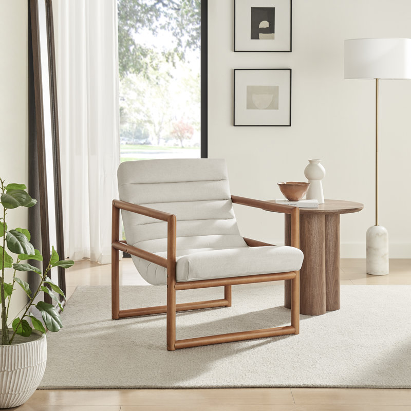 Caslia Upholstered Beige Fabric Mid Century Modern Accent Chair - Teak Effect Frame & Ribbed Style