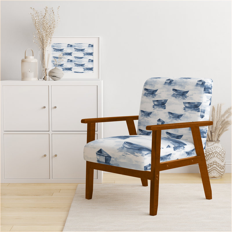 Chaise rembourrée Coastal - Fauteuil Rustic Lake Mist Blue, Accoudoirs carrés bruns