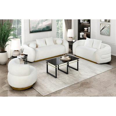 Ensemble de canapé de salon de luxe 3 pièces avec causeuse et tissu blanc et doré