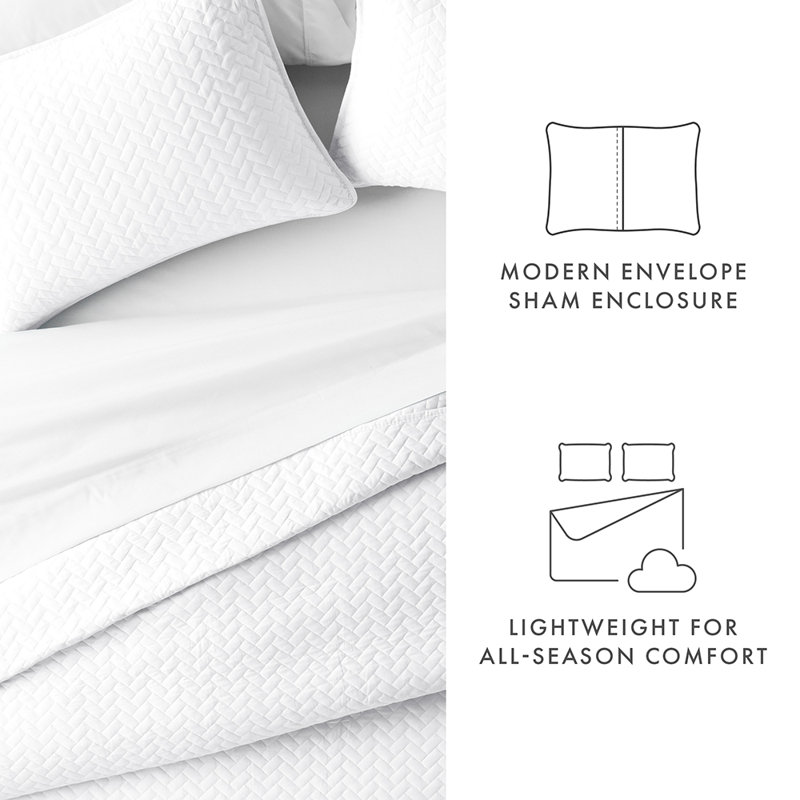Quilt Coverlet Set All Season Microfiber Contemporary Ultra Soft Bedding in Herringbone Stitch, White