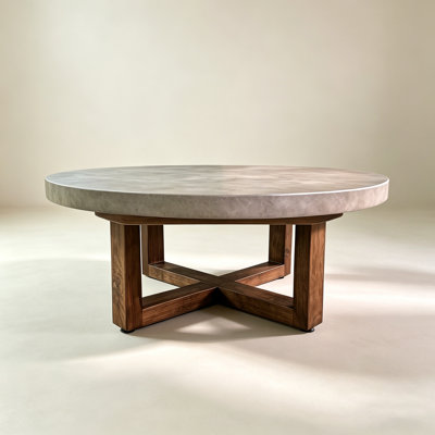 Round Solid Wood Coffee Table with Concrete Finish