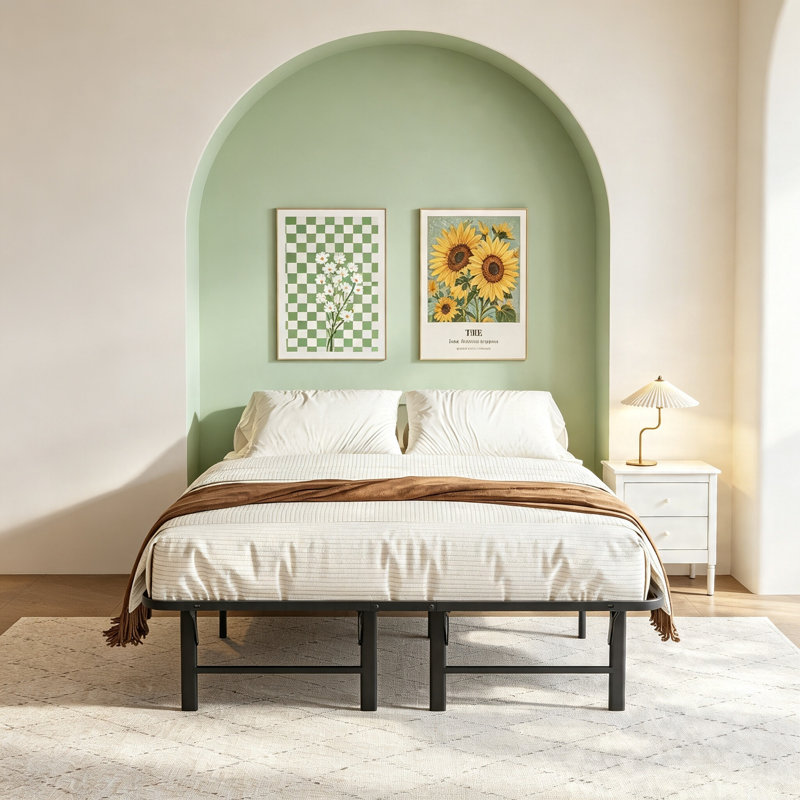 Structure de lit simple 16 po, lit pliant réglable en métal extensible sans sommier, rangement sous le lit, assemblage facile, sommier, noir