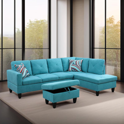 103" Monaco Aqua Blue Linen 3-Piece Sectional Sofa Set With Chaise And Storage Ottoman