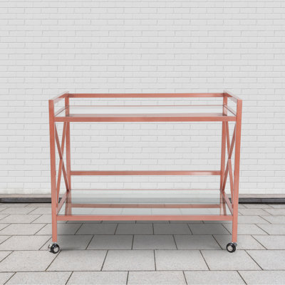 Lanier Rose Gold Metal Kitchen Bar Cart with Glass Shelves and X-Frame