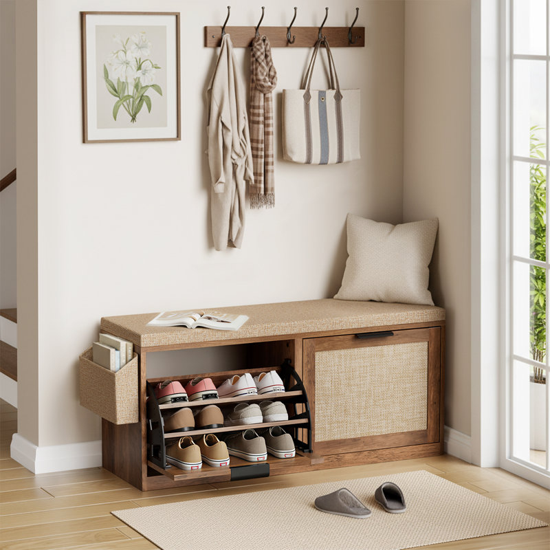 39.37'' Boho Entryway Bench With Cushion, Shoe Storage Bench With Flip Drawers