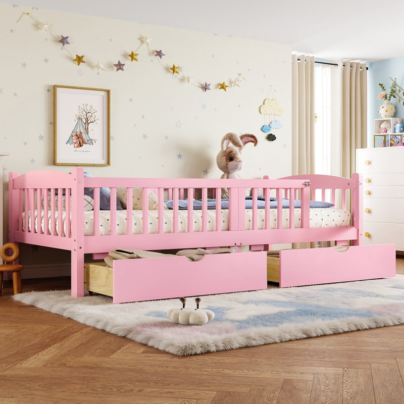 Lit plateforme simple TG avec garde-corps pleine longueur et 2 tiroirs de rangement, Rose