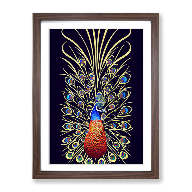 Fascinating Peacock No.1 - Single Picture Frame Print, 64cm H x 46cm W x 2cm D, Walnut