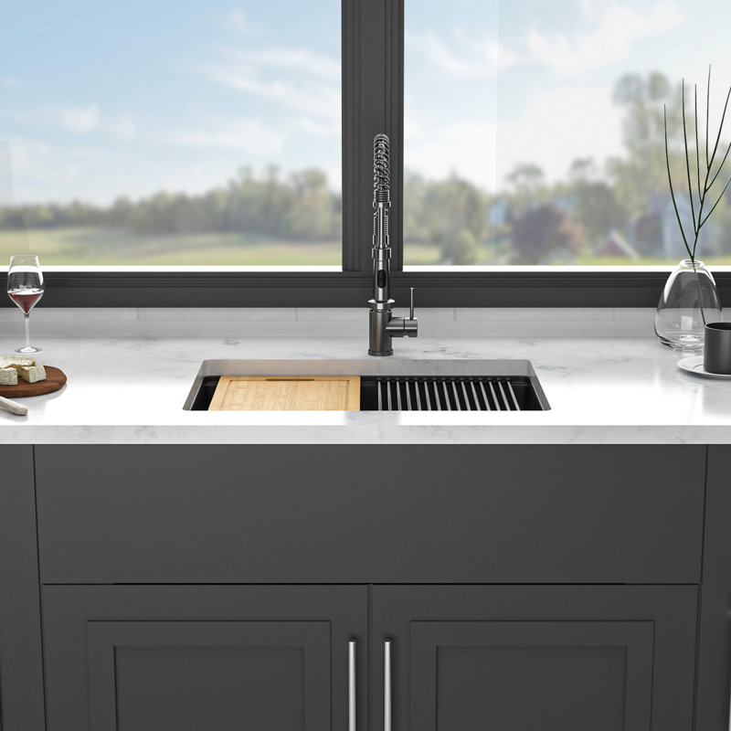 28 - Inch By 19 Black Quartz Workstation Undermount Kitchen Sink High End Material, Smooth Surface, Eliminates Vibration, With Drying Roll Up Rack And Bottom Grid Black, 28" X 19", Composite,