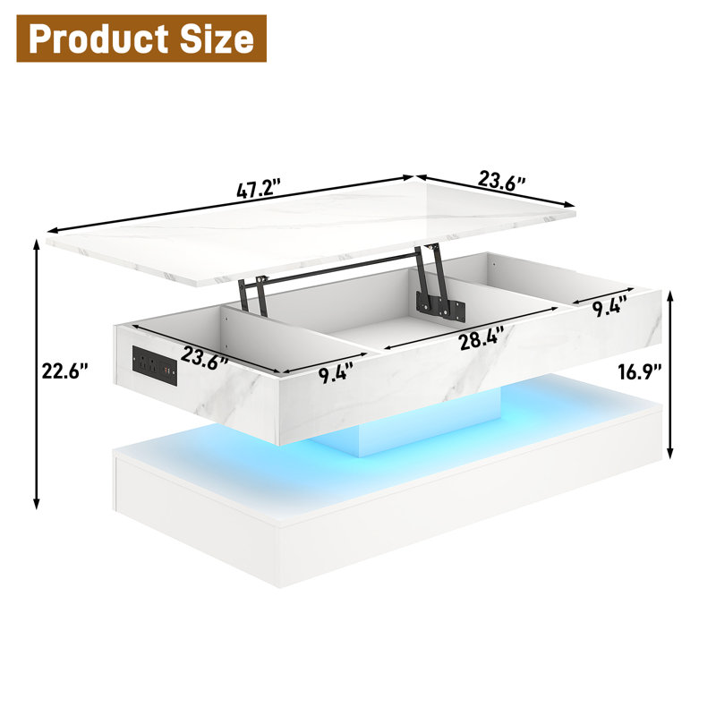47.2" Large Lift Top Led Modern High Glossy  Coffee Table With Charging Station