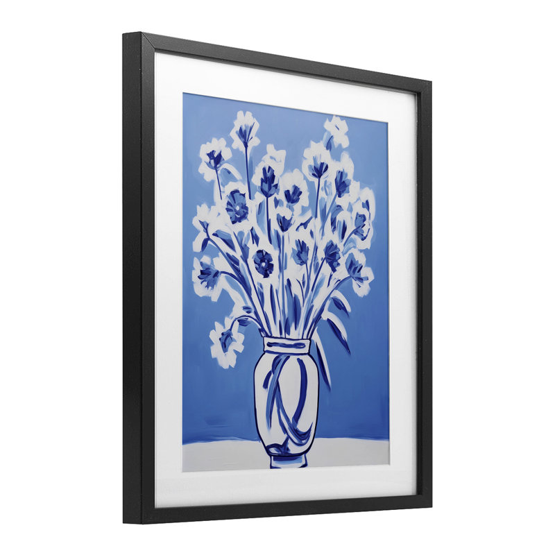 «Blue & White Contrast Flowers», reproduction encadrée sous verre encadrée de lettres et de lignes, H 16 po x l 13 po