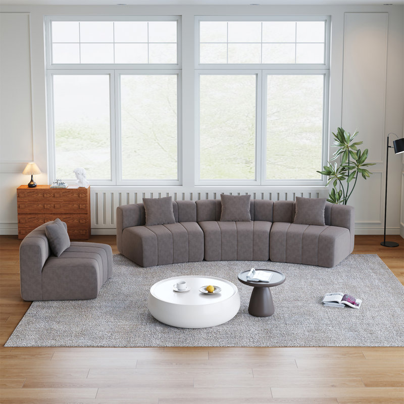 Canapé modulaire courbé en chenille avec 4 coussins, Gris