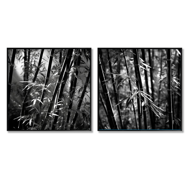 Forêt de bambou monochrome - ensemble de 2 collages carrés en bambou, Cadre flottant noir, H 16 po x l 33 po