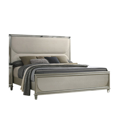 Zema Queen Bed, Upholstered Headboard W LED, Silver Wood, Legs