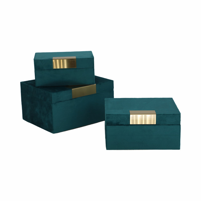 Boîtes de rangement pour déclaration avec couvercle à charnières - Ensemble de 3 organisateurs de bijoux ou boîte à souvenirs pour tablette, vestibule ou meuble-lavabo - boîte décorative avec poignée décorative dorée - 5 po, bleu