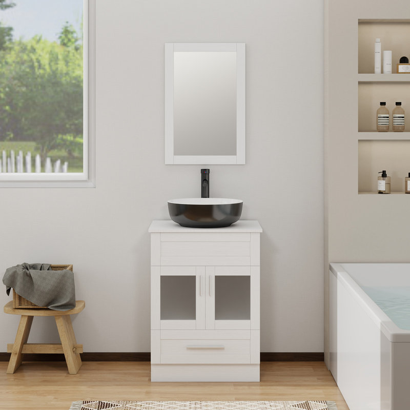 Andoro 24'' Single Bathroom Vanity with Manufactured Wood Top, White, Black/White