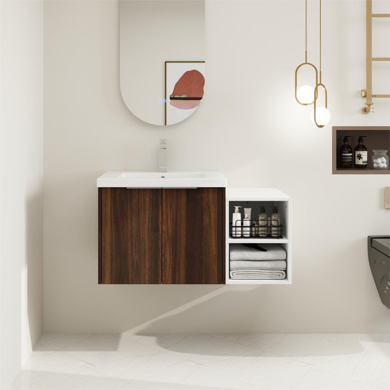 Meuble-lavabo simple avec plateau en résine 35,63 po Kawamura, Brun