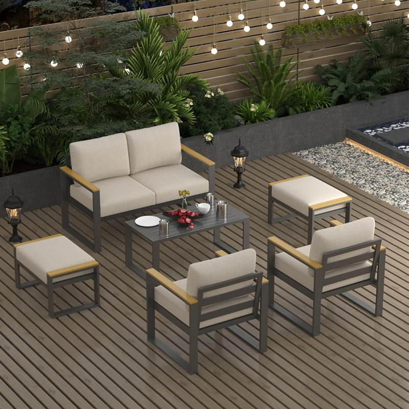 Ensemble de conversation de patio 4 pièces en aluminium avec table basse, canapé d'extérieur 5 places avec coussins lavables pour balcon, jardin, terrasse, cour