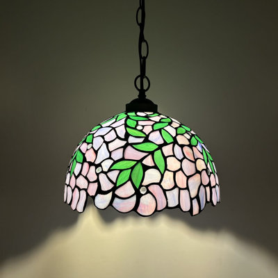 Luminaire suspendu Klima Tiffany vitrail mauve à feuilles vertes Ampoule DEL incluse l 12 po x P 12 po x H 60 po