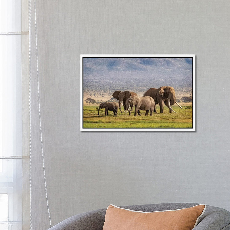 Elephant Family In Amboseli Kenya 1 Piece Wall Art on Canvas, 66.04 cm H x 45.72 cm W, White Framed