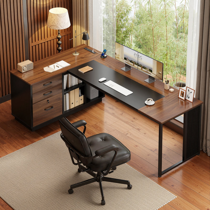 L-shaped Office Desk With Steel-wood Frame, Executive Desk With Extra-large Desktop, Home Office Desk With Multi-functional Storage Cabinet, Workstation With Open Shelves & Drawers, Modern Desk With Durable & Stable Construction