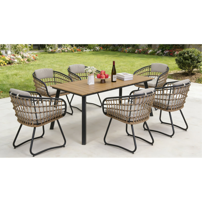 7-Piece Outdoor Wicker Dining Set With Acacia Wood Table (Umbrella Not Included)