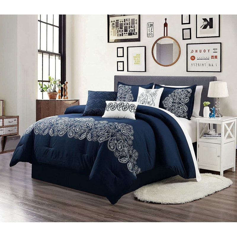 7 Piece Paisley Embroidered  Comforter Set, California King Comforter + 2 King Shams, Navy