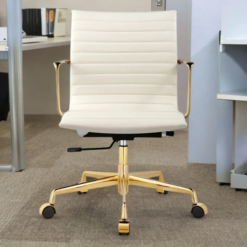 Chaise de bureau en cuir Lonty, Blanc, Doré