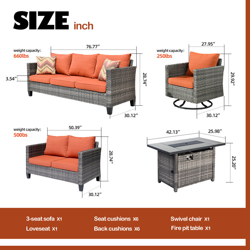Meriyah Premium All-Weather Wicker 6 - Person Patio Conversation Set with Cushions, Orange Red
