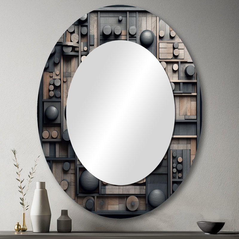 Cubic Geometric Dreams II - Large Oval Wall Mirror On Metal, 43" x 33"
