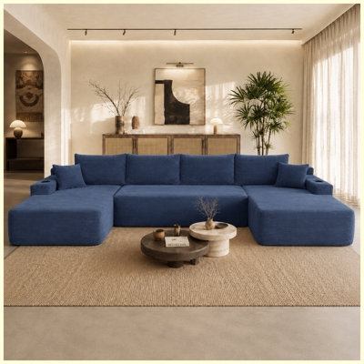 126" Cloud Sectional Sofa with U-Shape Chaise and Side Pockets and Cup holder , Modern Modular Design, Deep Seating, Upholstered Couch for Living Room/Bedroom, No Assembly Required Required (Corduroy)blue