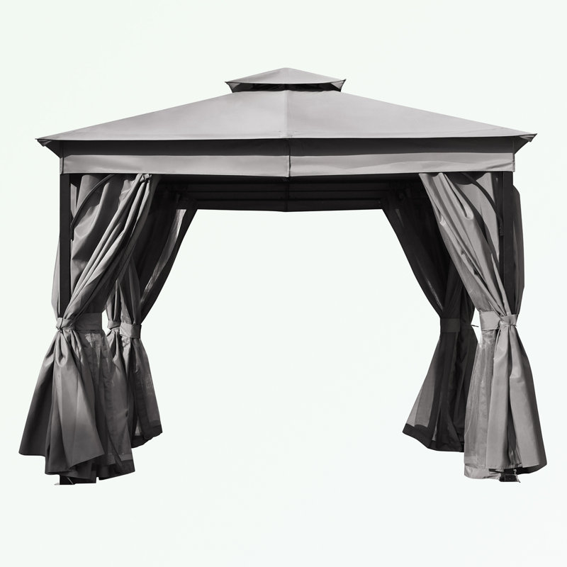Outdoor Gazebo with Double Roofs and Privacy Screens, Grey, 108" H x 120" W x 120" D