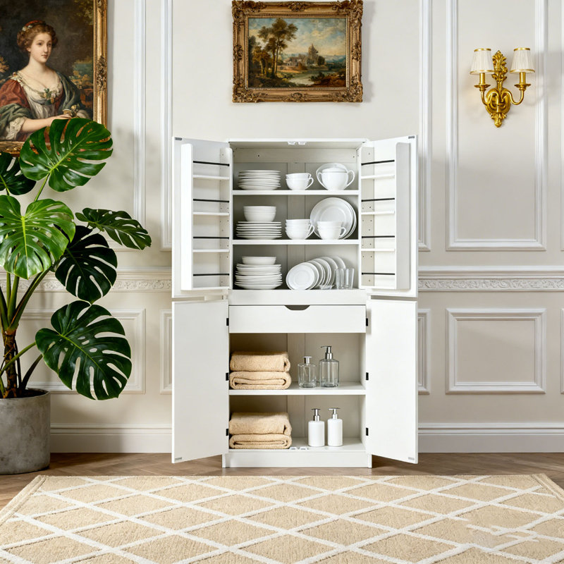 Grand garde-manger de style campagnard de 72 po avec 8 tablettes de porte, armoire de rangement incurvée avec 3 tablettes réglables, tiroir caché