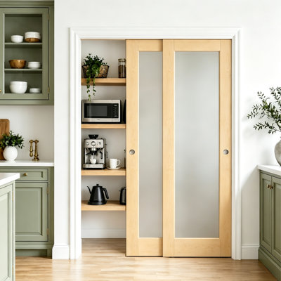 Porte coulissante en verre massif givré 1 porte en bois massif avec cadre blanc et porte en bois naturel pour garde-manger, chambre à coucher et salle de lavage