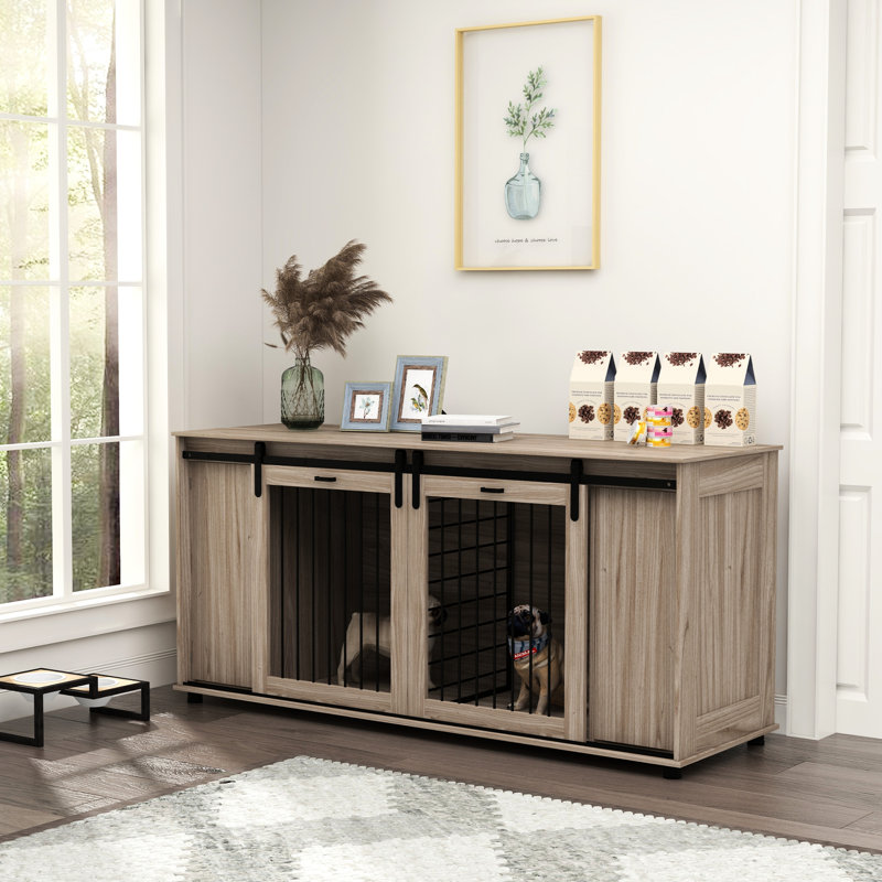71" Walnut Dog Crate Furniture With Removable Partition For 2 Small Dogs/1 Large Dog, Storage & Double Sliding Doors Table Kennel Furniture, Barrier Different Sized Dogs