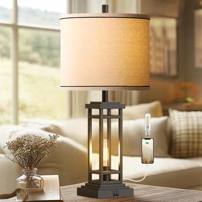 27.5" Farmhouse Table Lamps with USB A+C Ports, Rustic Living Room Lamps for Bedroom Living Room Nightstand (Black)